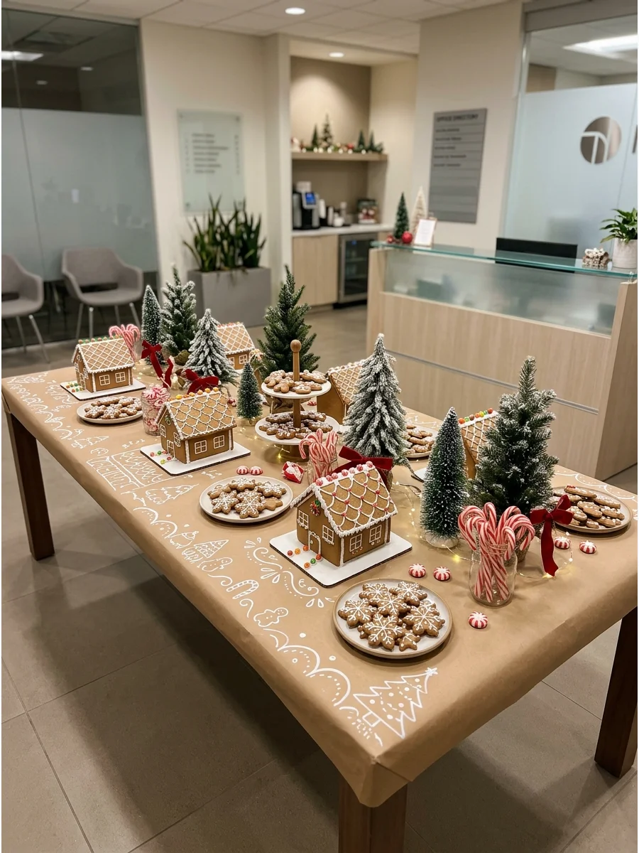Gingerbread themed dessert table with kraft paper and white trim.