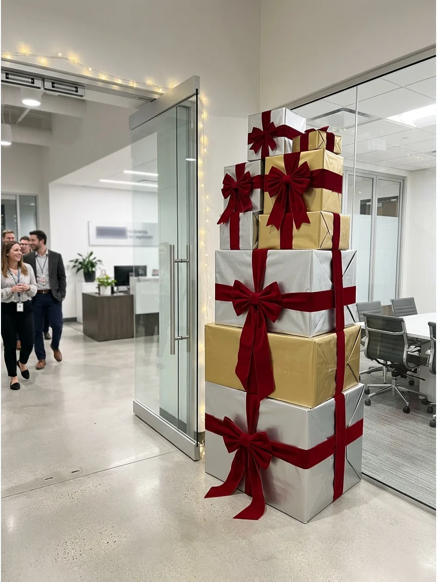Stacked giant gift box decorations in an office lobby corner.