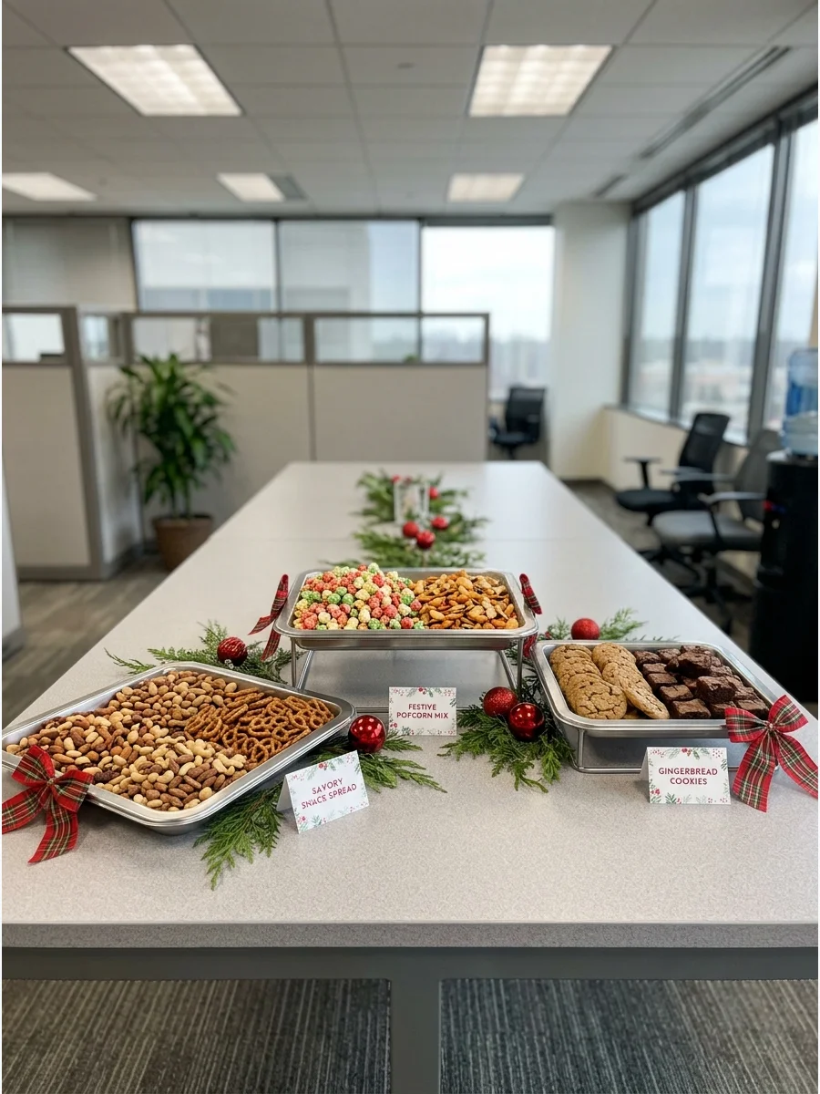 Office snack station with silver trays and red ornament decorations.