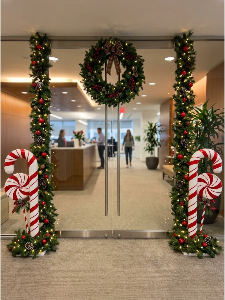 A candy cane themed entrance to a corporate office space.