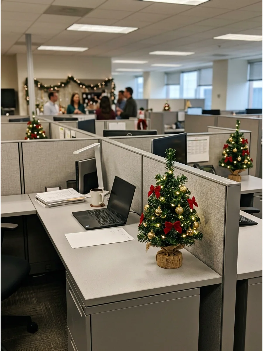 A small tabletop Christmas tree with red ribbons on a professional office desk.