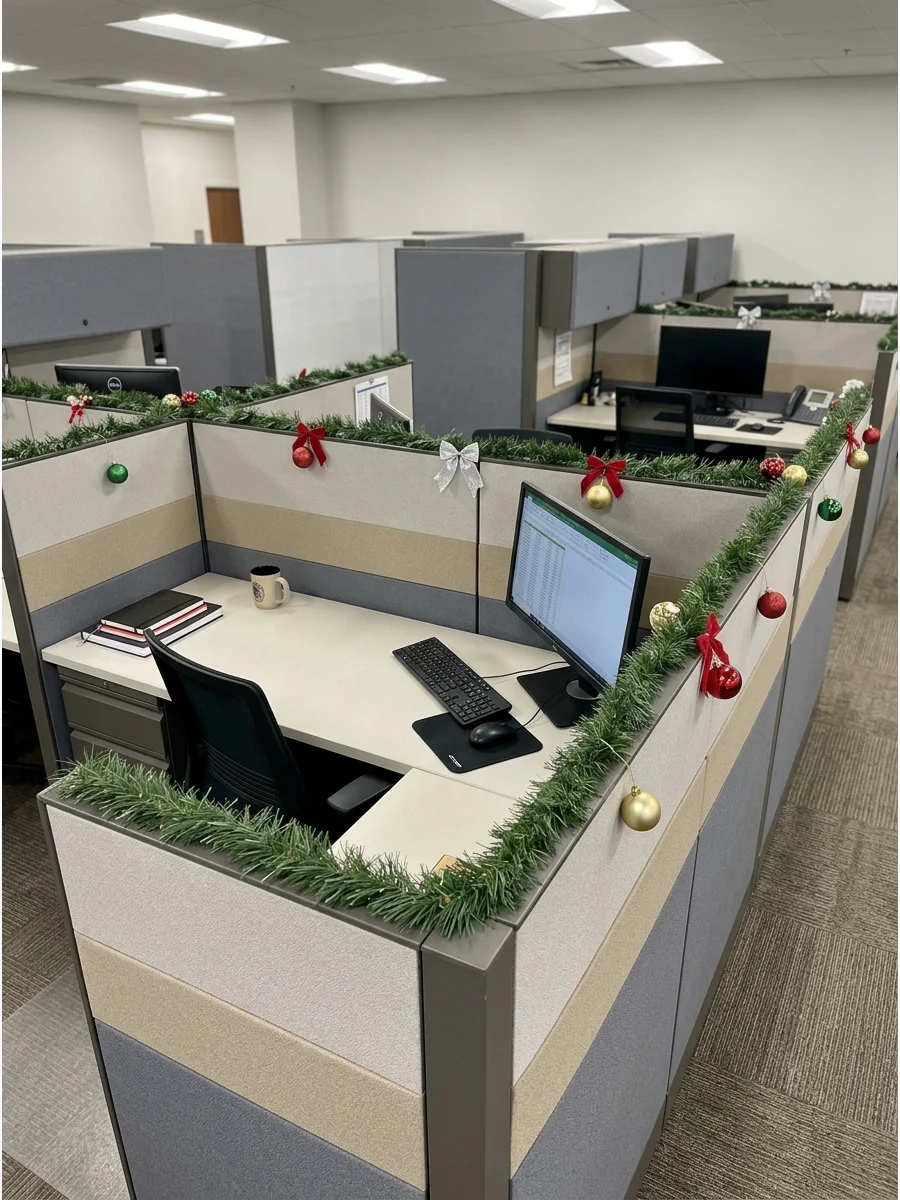 Green pine garland decorating the top edge of office cubicle partitions.