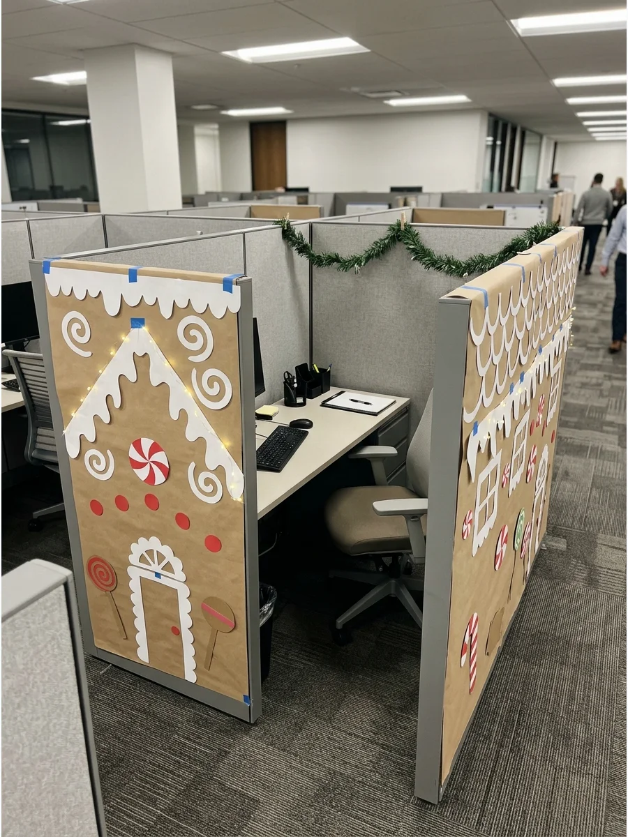 An office cubicle decorated to look like a gingerbread house with brown paper and white trim.
