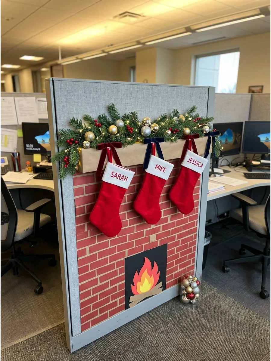 A faux brick fireplace made of paper on the side of an office cubicle wall.