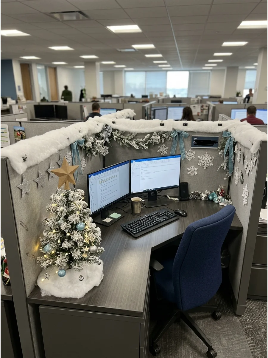 Office cubicle decorated with white faux snow and silver stars for a winter theme.