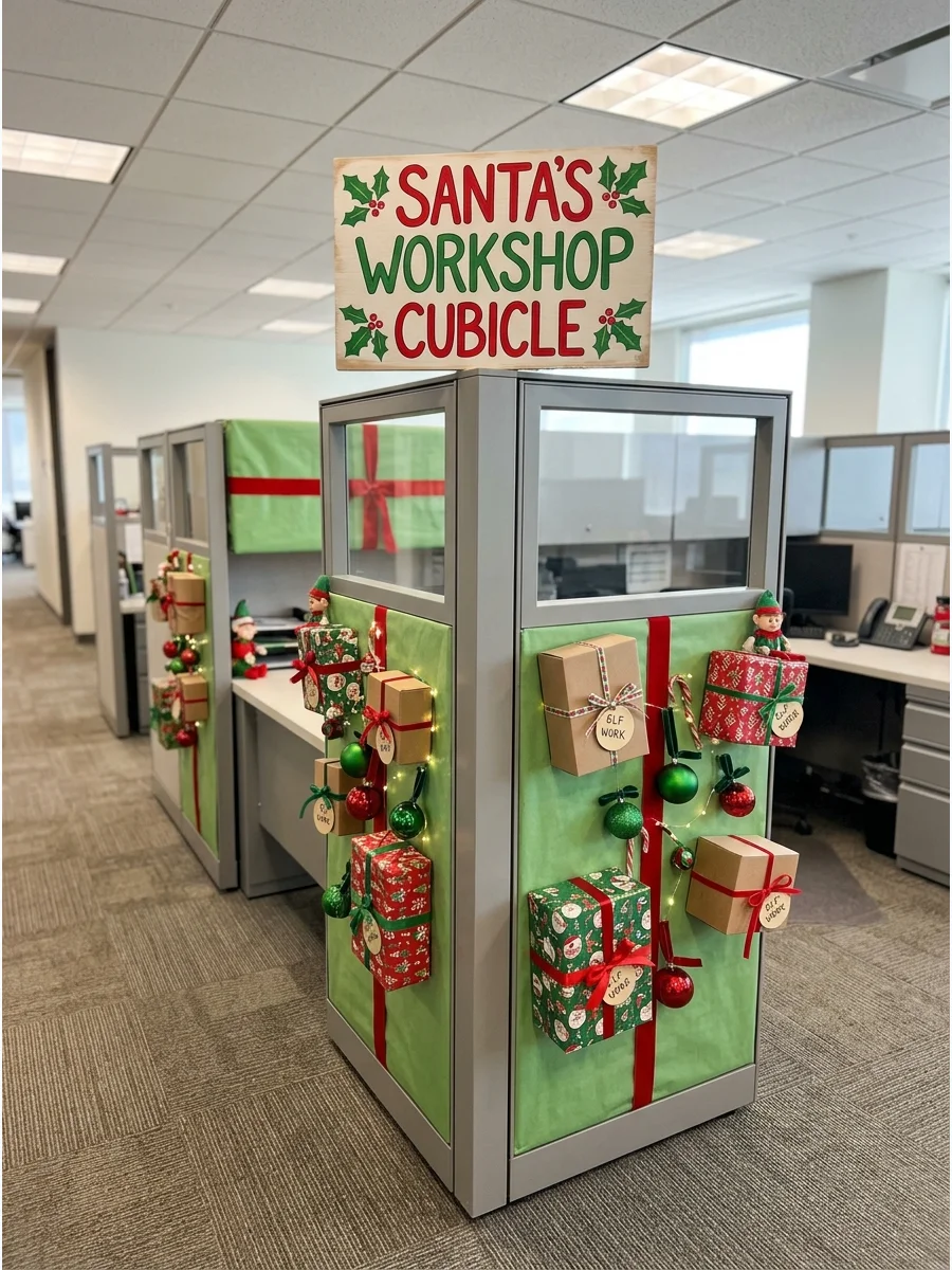 An office cubicle decorated as Santa's workshop with wrapped boxes and festive signs.