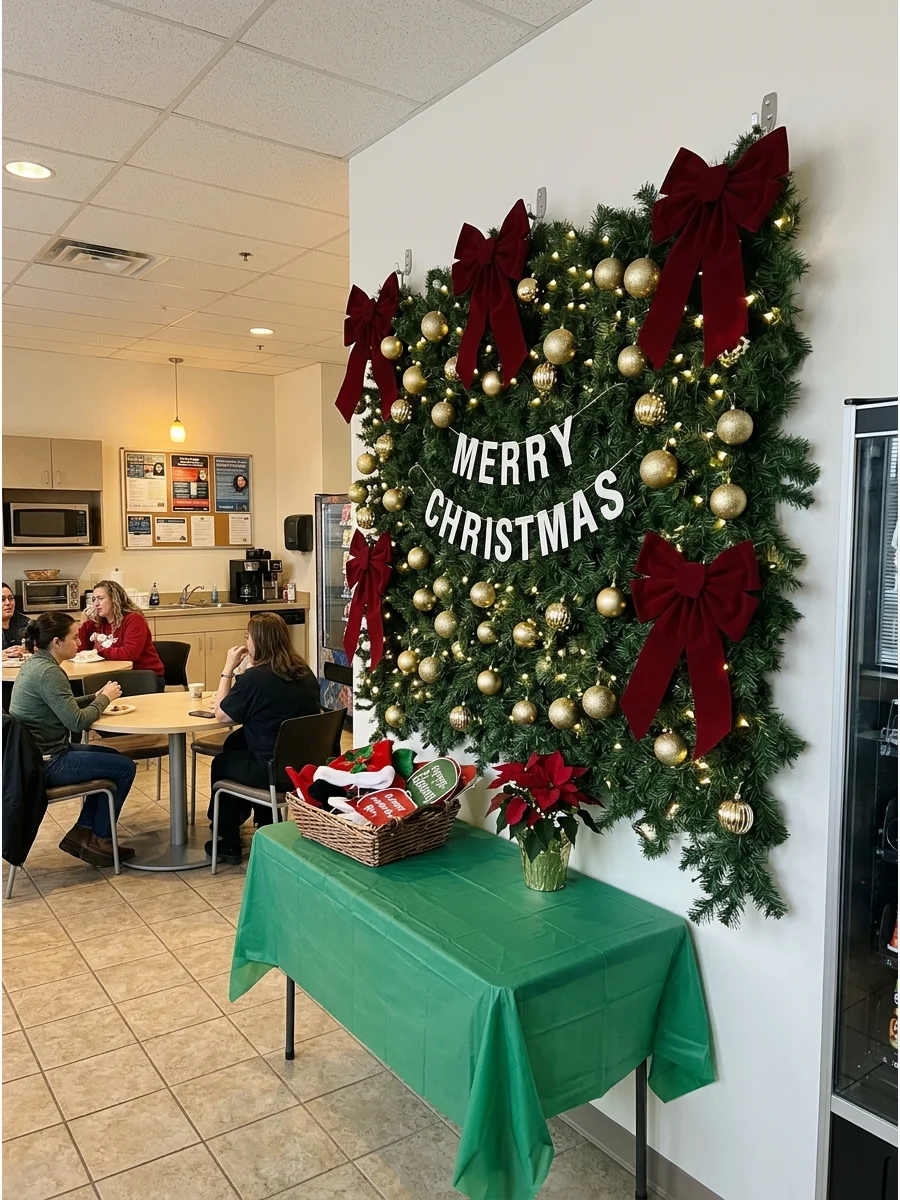 A festive evergreen photo backdrop with gold ornaments in an office breakroom.