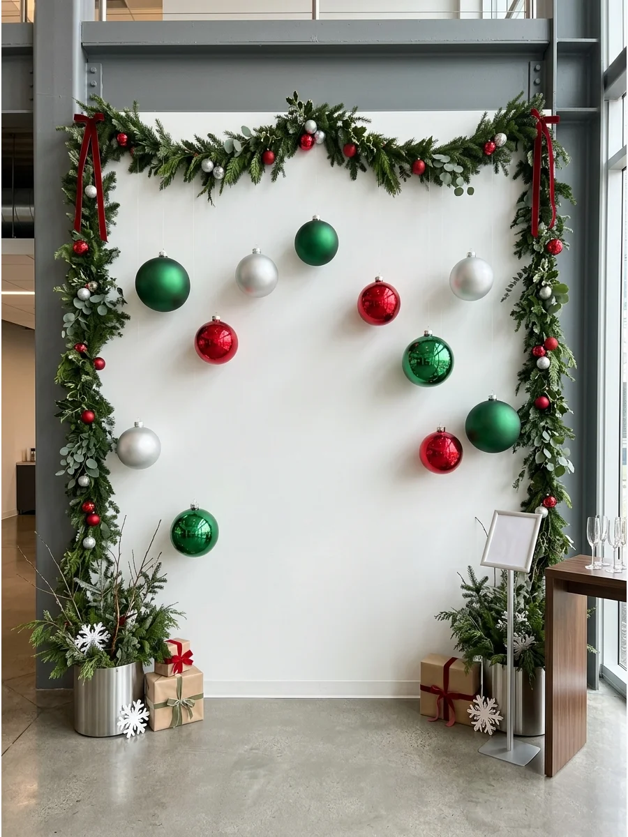 Oversized Christmas ornaments hanging from the ceiling to create a photo backdrop.