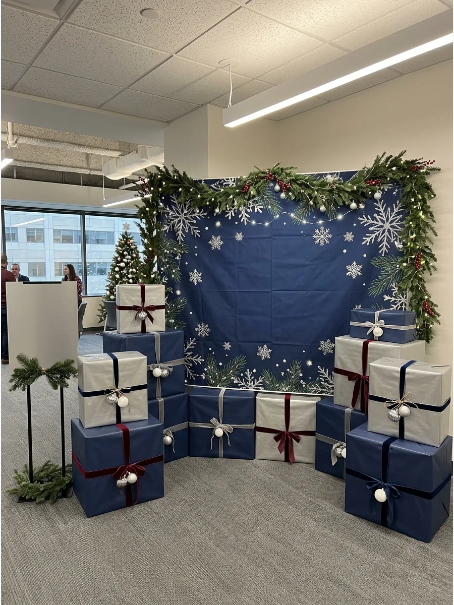 A stack of large wrapped gift boxes used as a photo booth prop in an office.