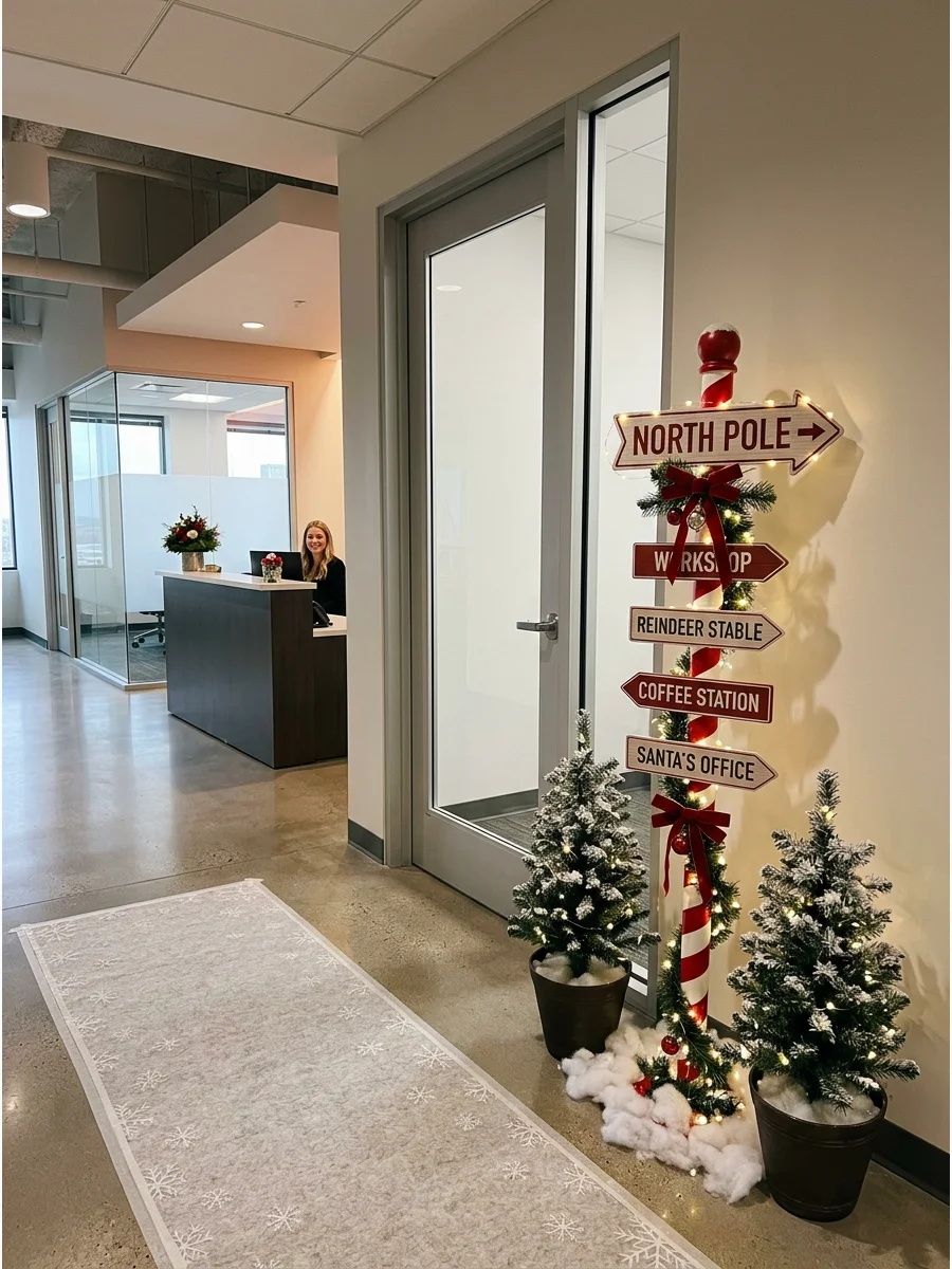A North Pole themed signpost decoration in an office reception area.