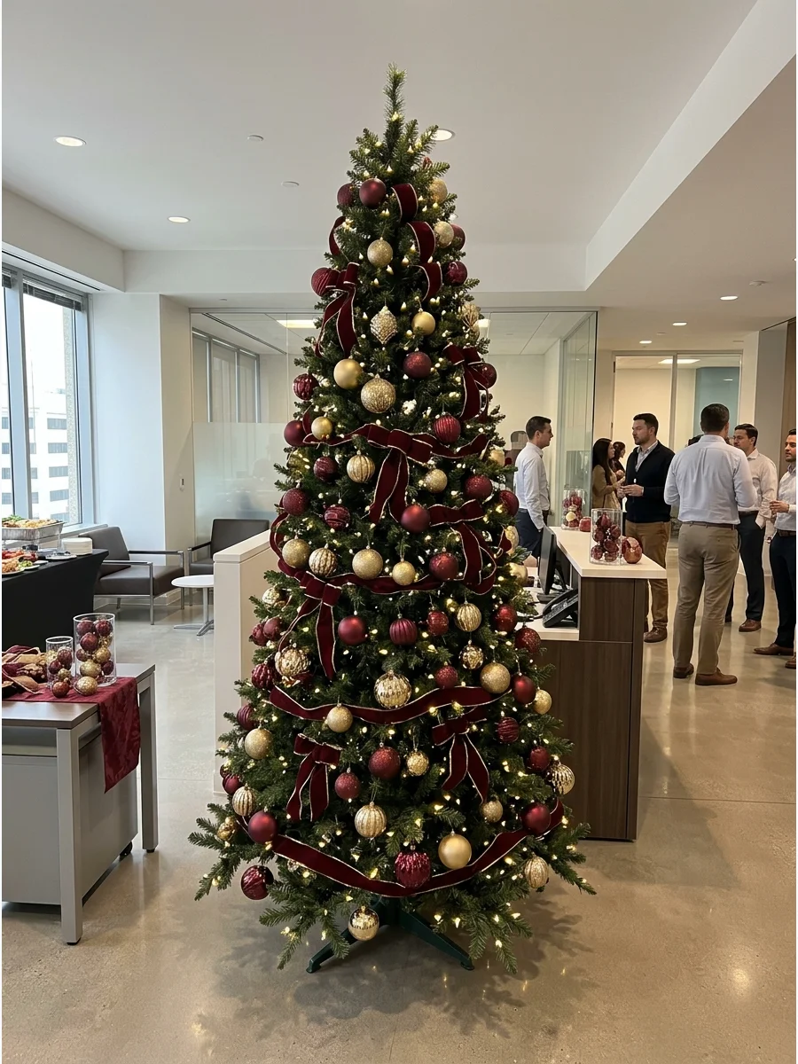 A large decorated Christmas tree serving as a focal point in a corporate lobby.