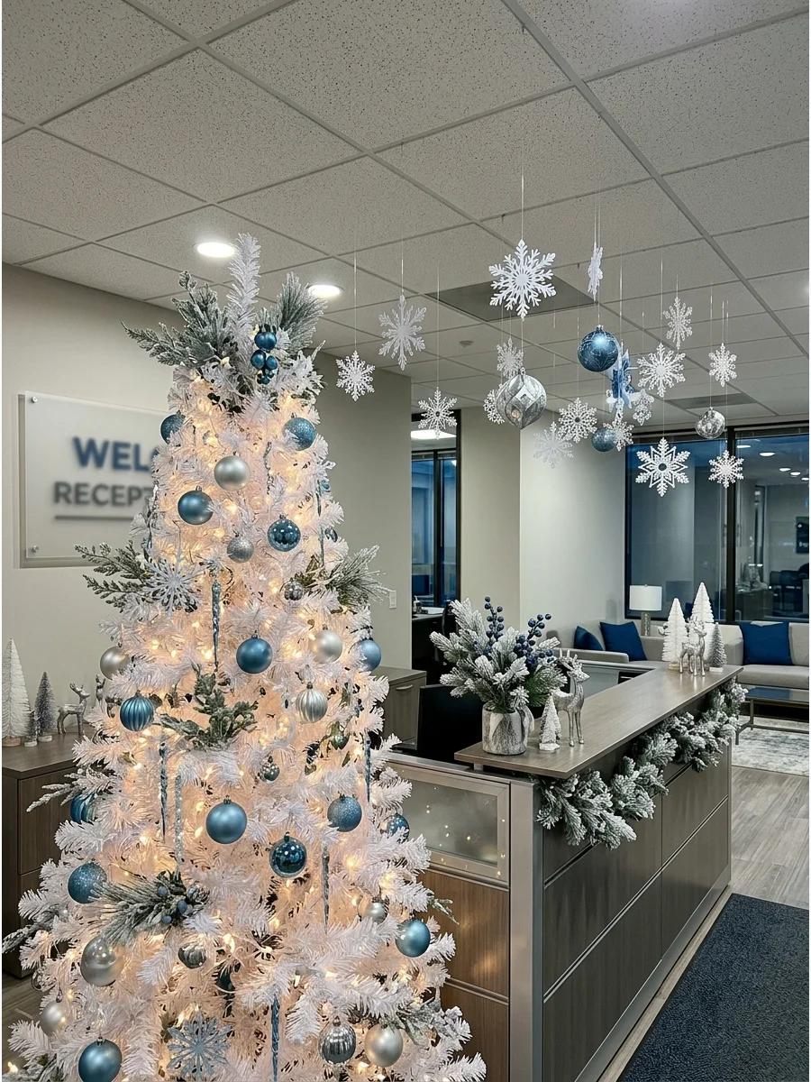 A white and blue winter wonderland themed office reception area.