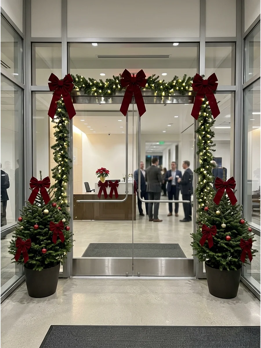 Red velvet bows decorating a professional office entrance.