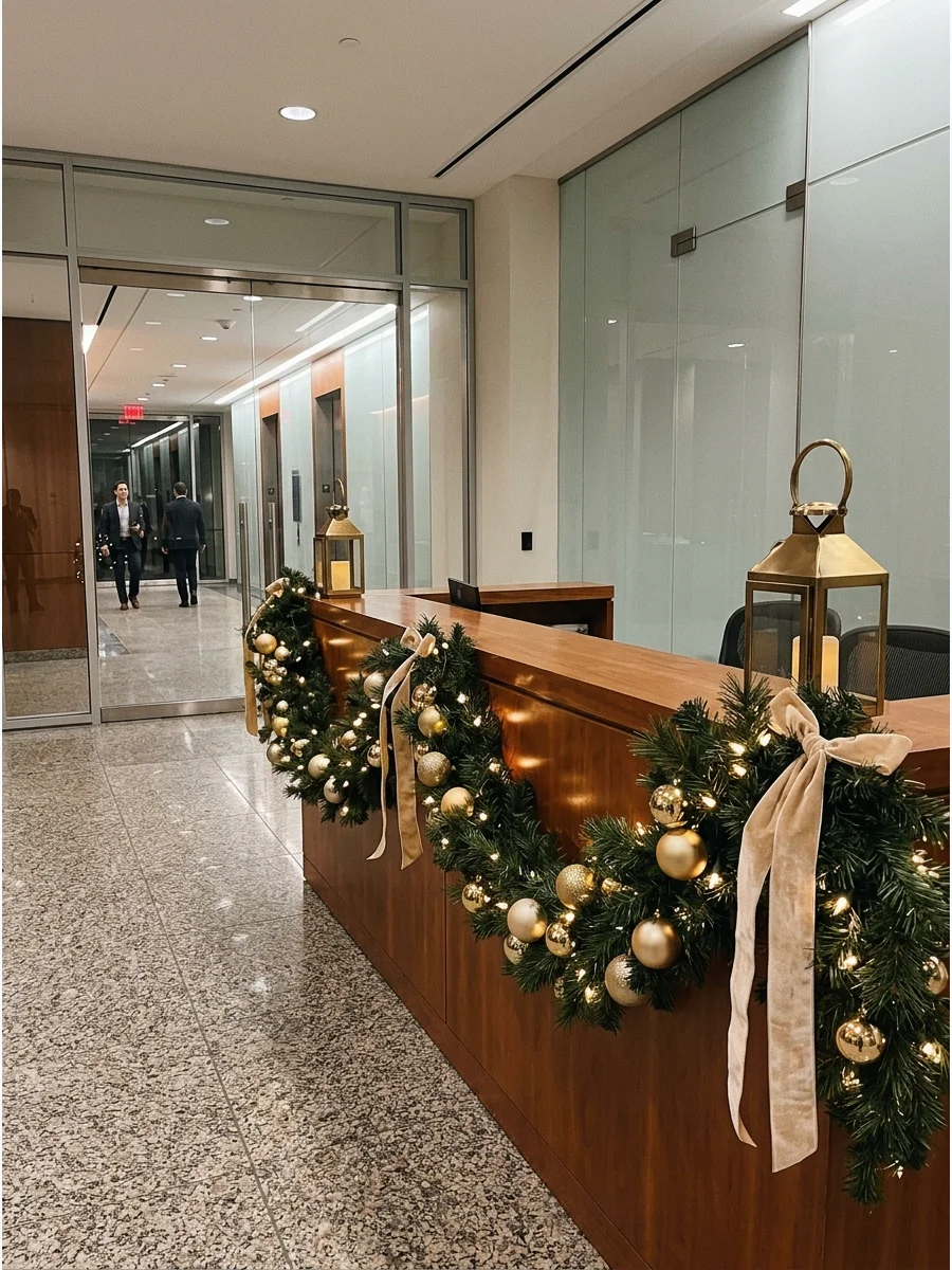 Gold and green traditional Christmas decorations in a corporate lobby.