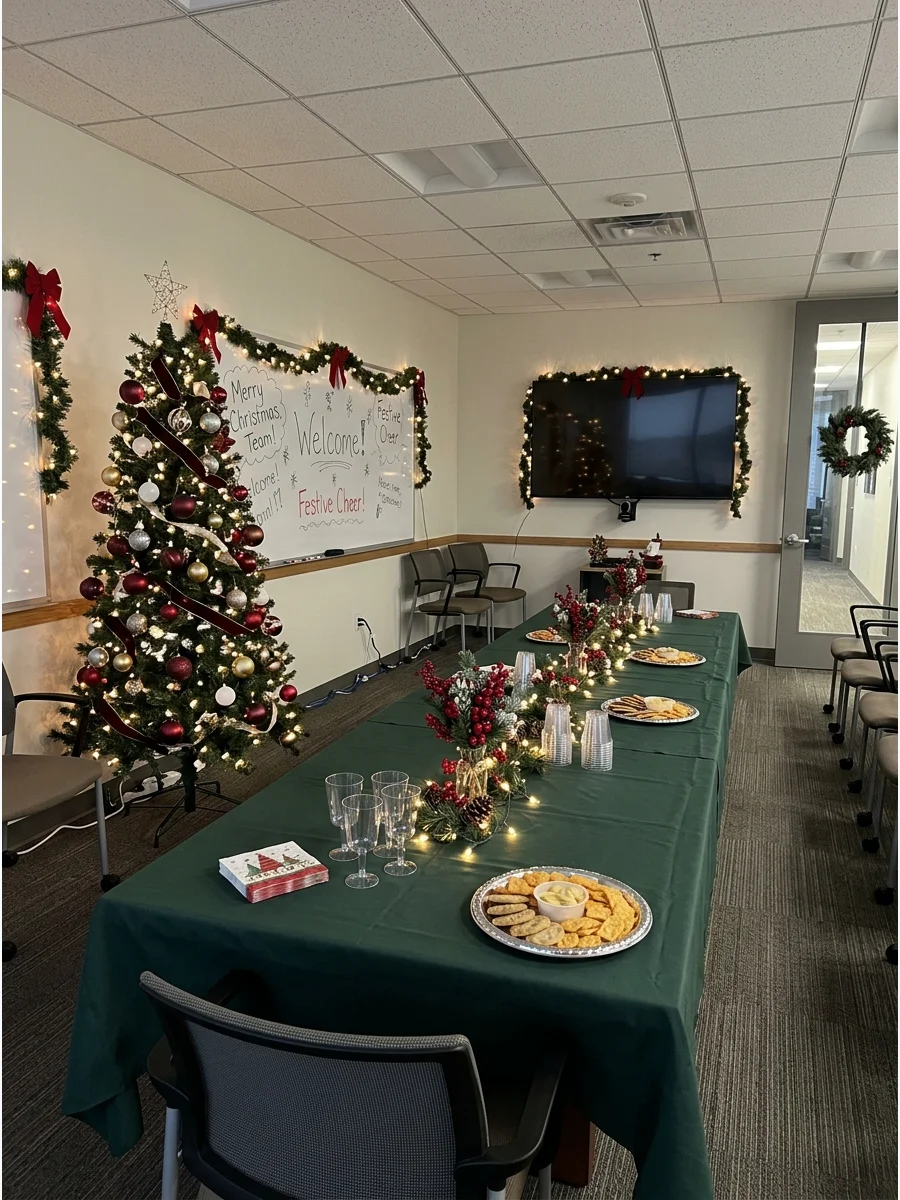 A conference room decorated for a holiday party with a tree and tinsel.