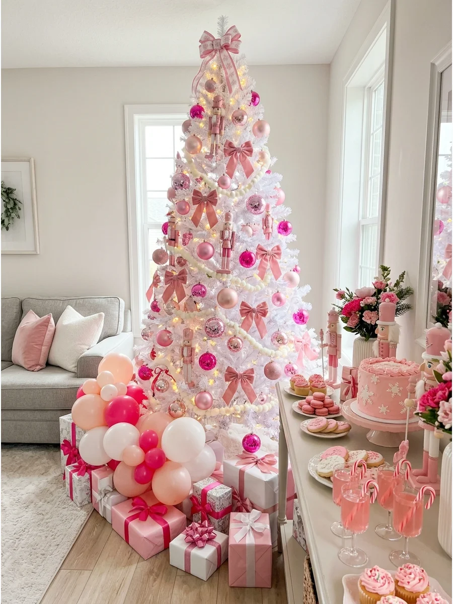 A white Christmas tree decorated with various shades of pink ornaments in a bright living room.