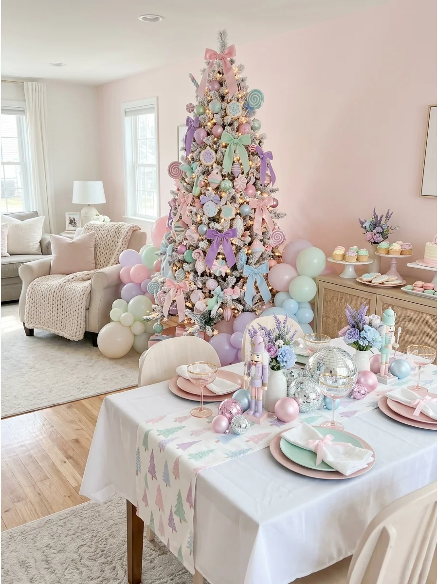 A white flocked Christmas tree with pastel-colored ornaments in a living room.