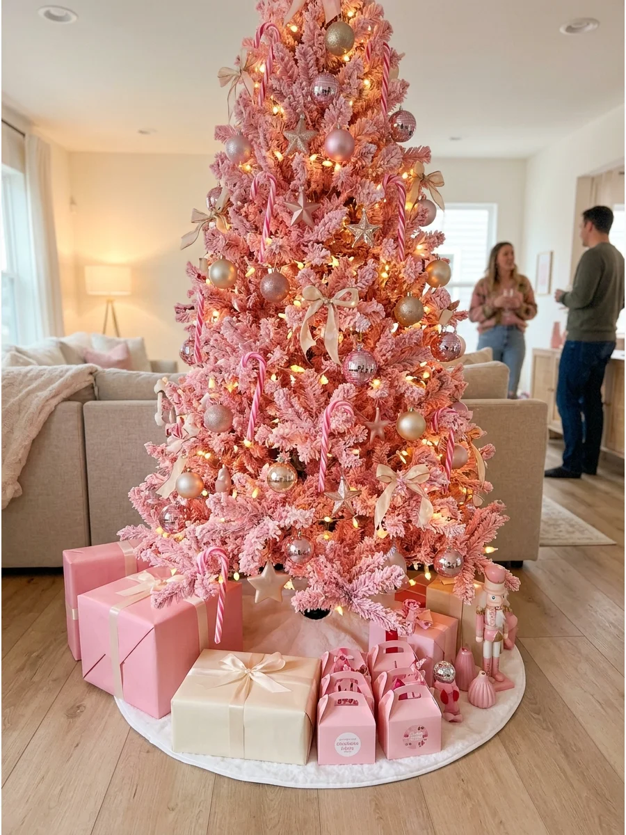 A tall pink flocked Christmas tree decorated with ornaments in a living room.