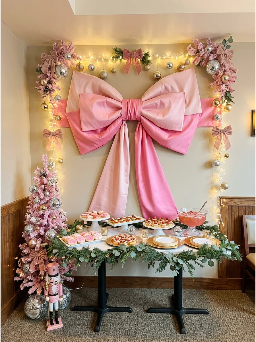 A large pink fabric bow used as a wall decoration in a dining room.