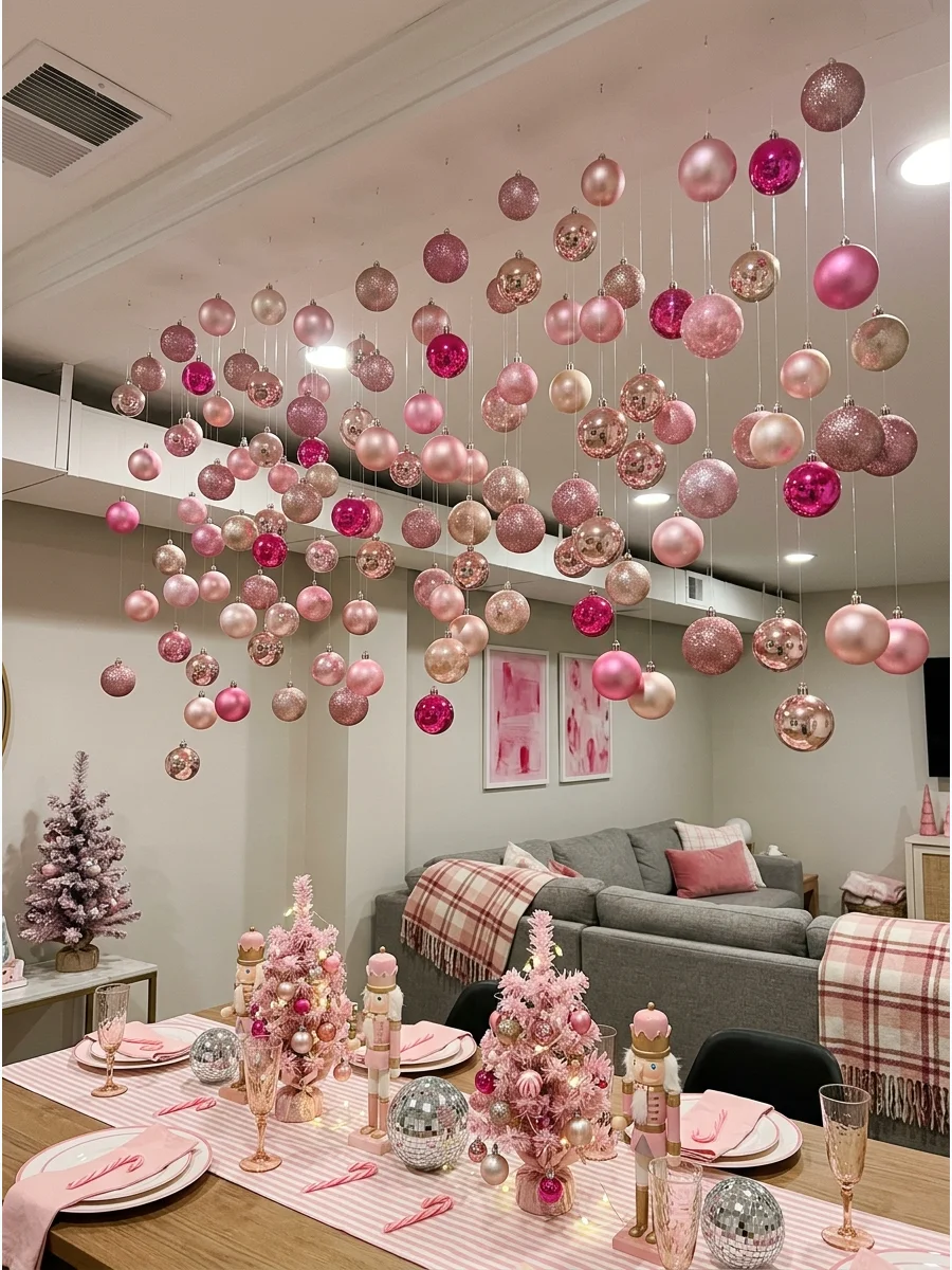 Pink ornaments hanging at different heights from a white ceiling.