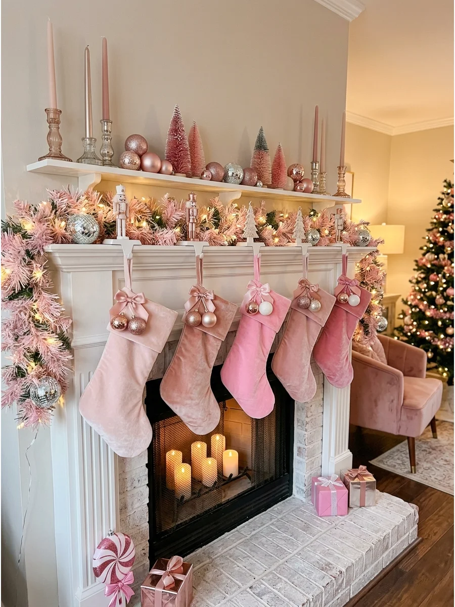 A fireplace mantel decorated with pink tinsel and pink velvet stockings.