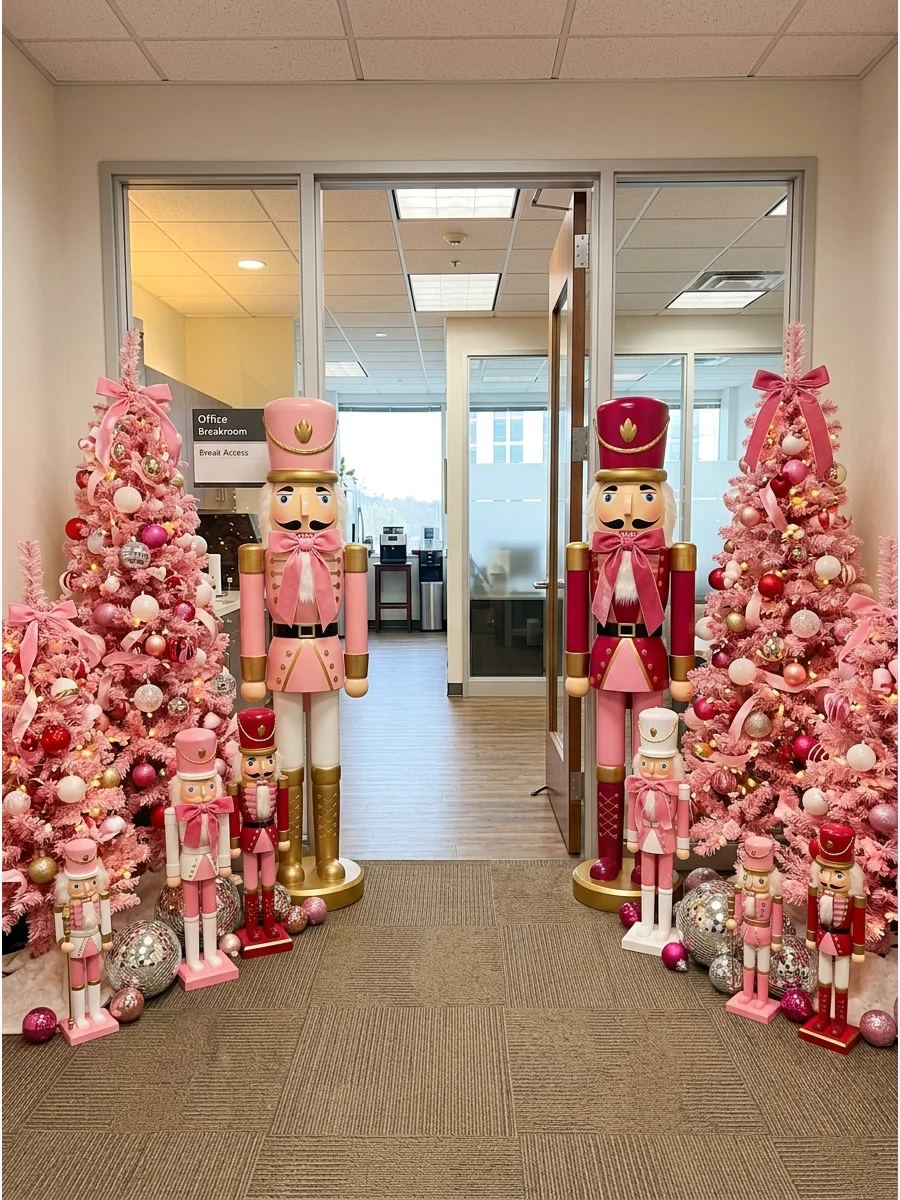 A group of three wooden nutcrackers painted in shades of pink and gold.
