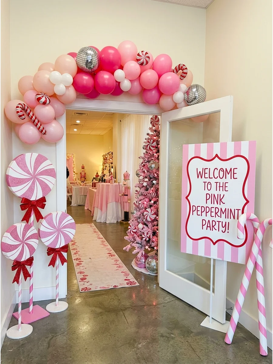 A doorway decorated with large pink peppermint candy props and stripes.