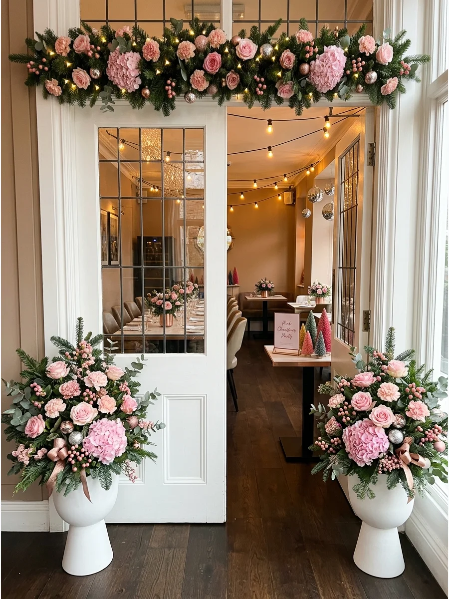 A floral centerpiece with pink roses and green pine branches in a metallic vase.