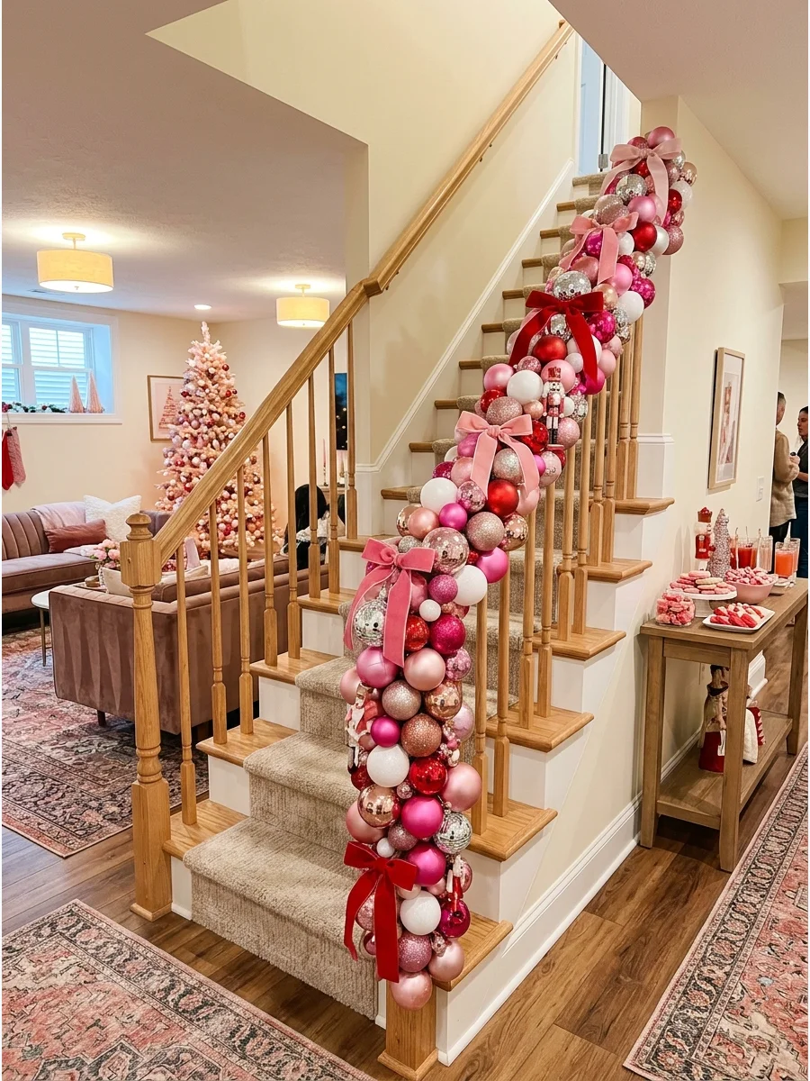 A staircase banister wrapped in a thick garland made of pink ornaments.
