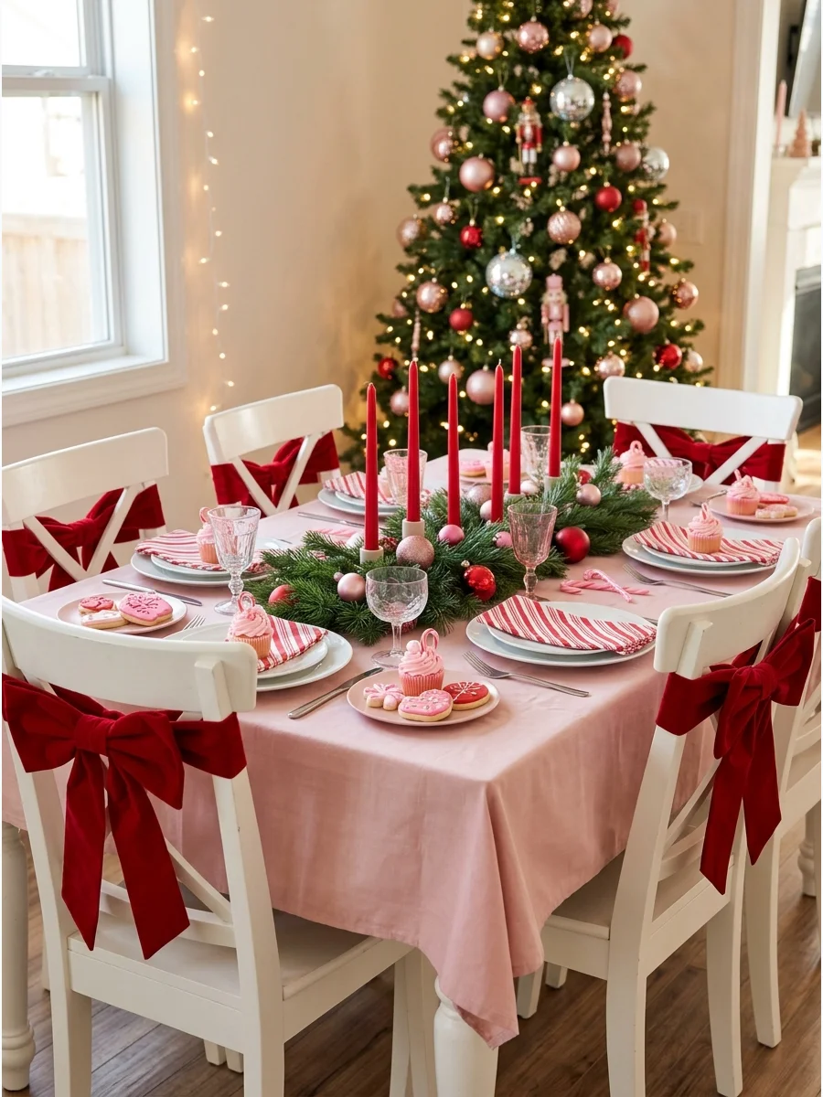 A festive dining table with pink linens and red velvet chair bows.