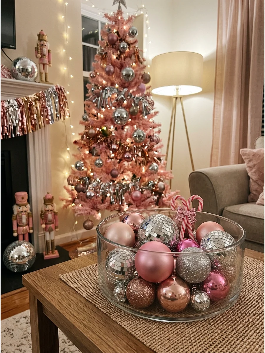 A glass bowl filled with small disco balls and shiny pink ornaments.