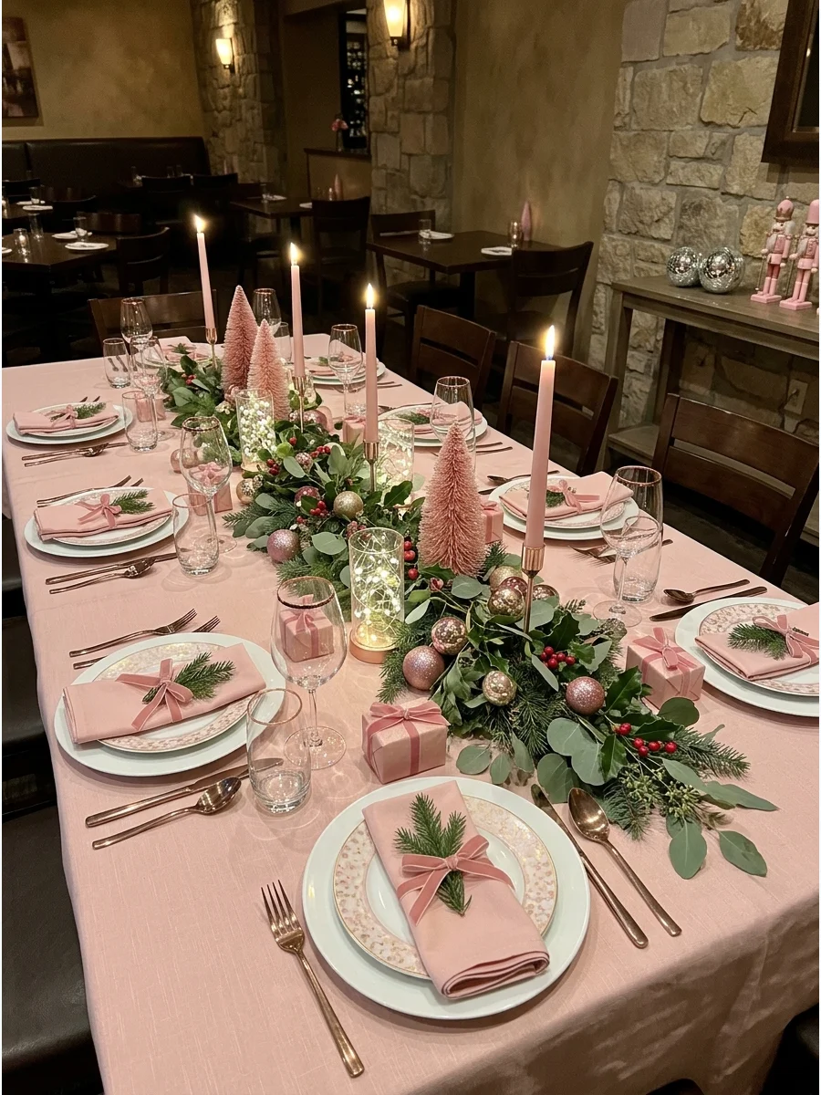 A formal dinner table set with pink linens and gold accents.