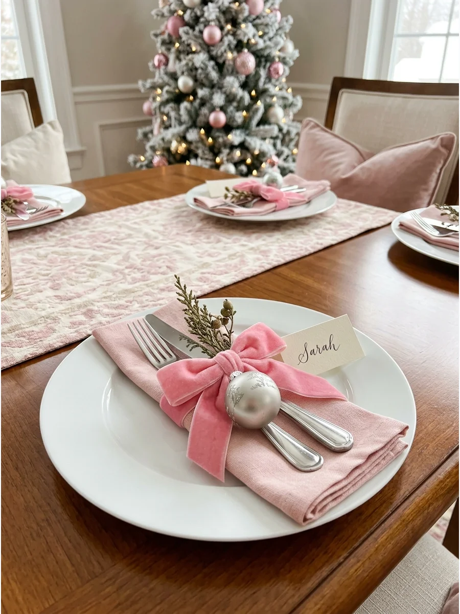 A of a white plate with a pink velvet bow on a napkin.