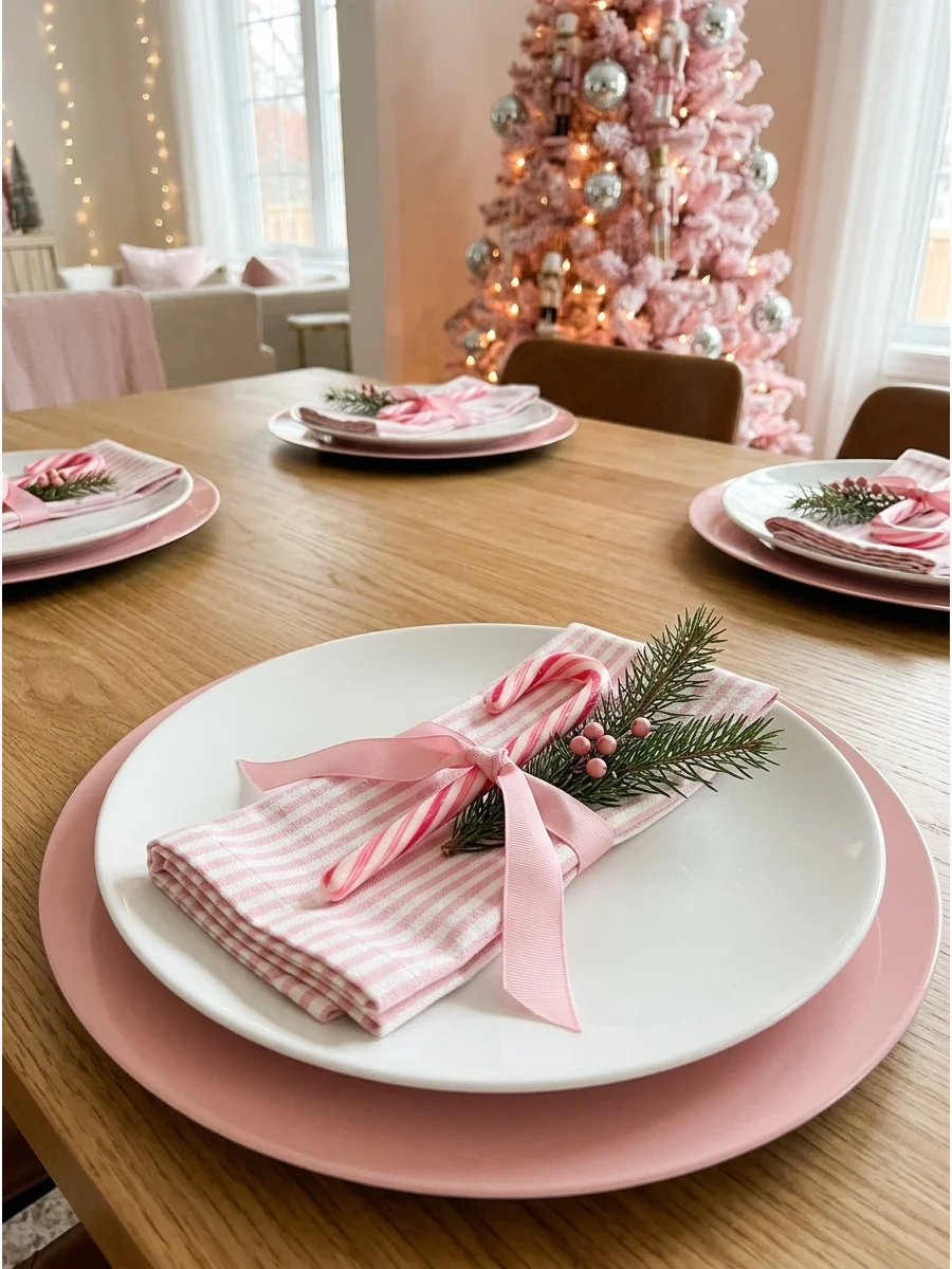 A pink candy cane and green sprig on a white dinner plate.