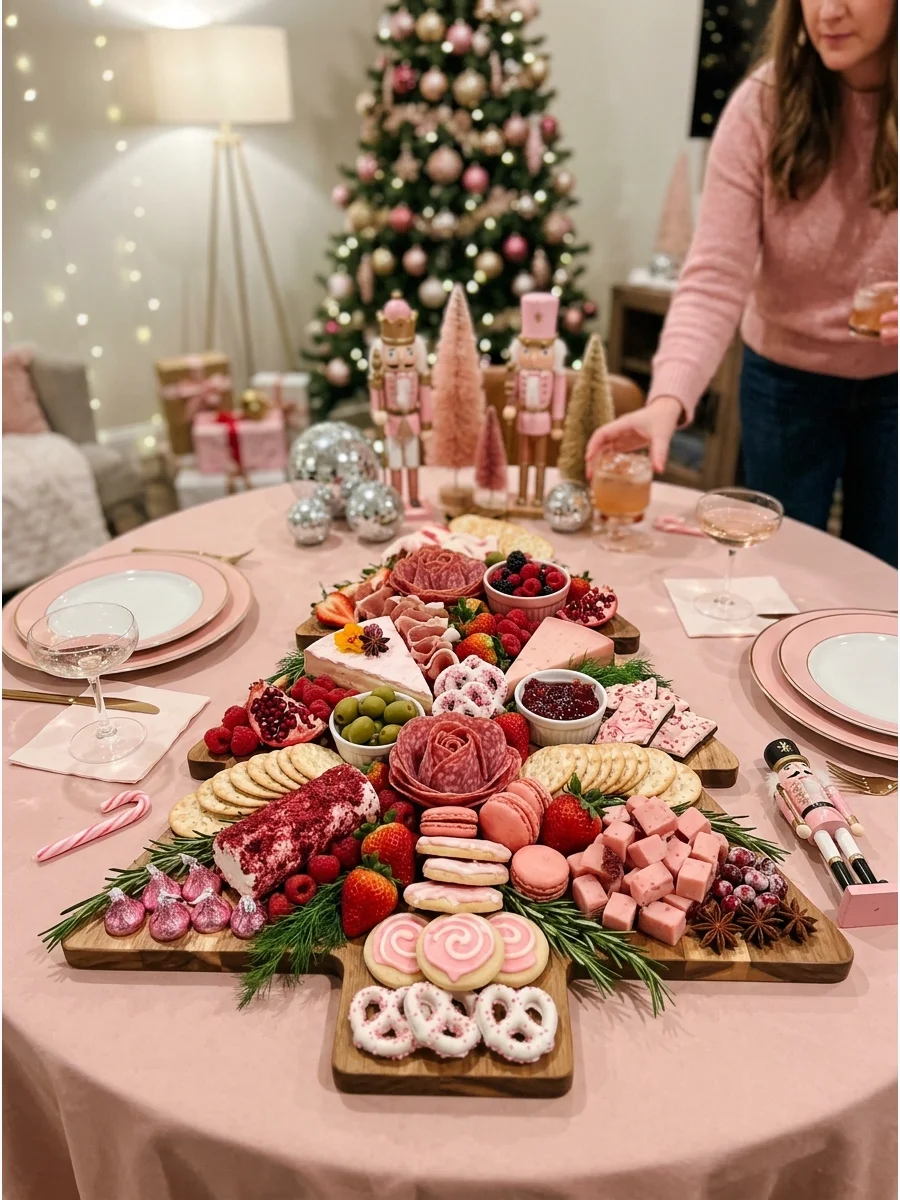 A Christmas tree-shaped charcuterie board with pink and red foods.