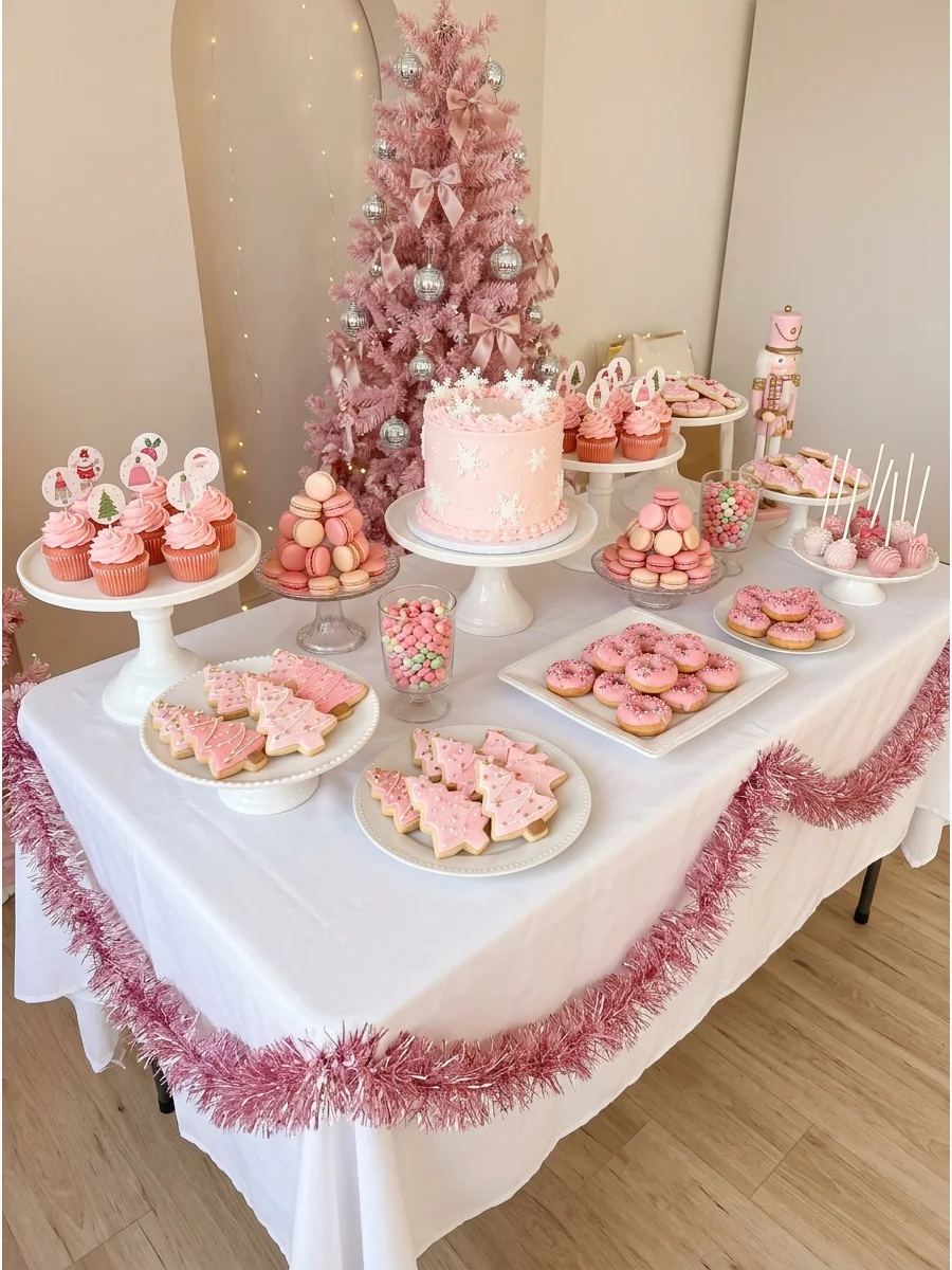 A dessert table filled with pink sweets and decorated with tinsel.