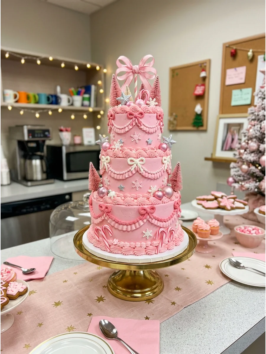 A three-tier pink cake decorated with miniature holiday trees.