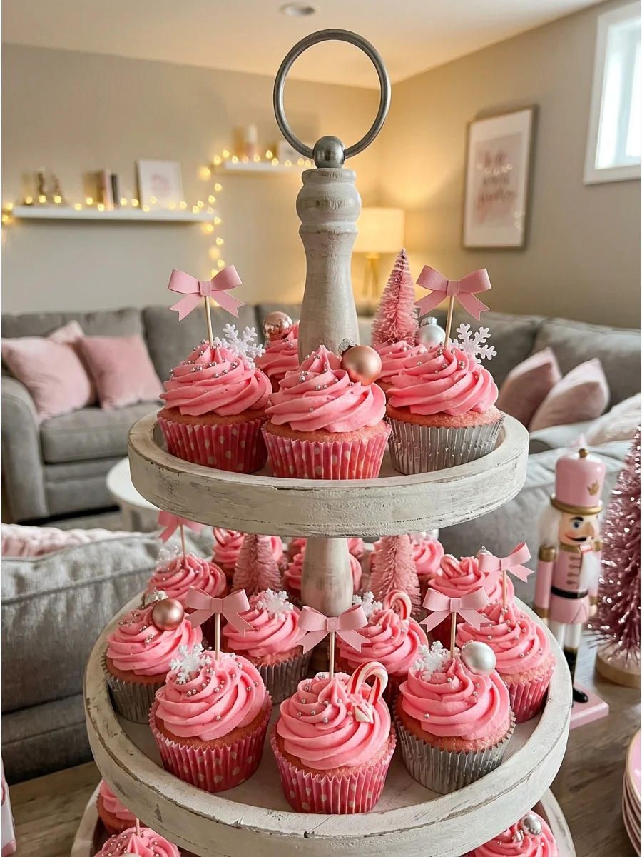 Several cupcakes with pink frosting in rose gold liners.