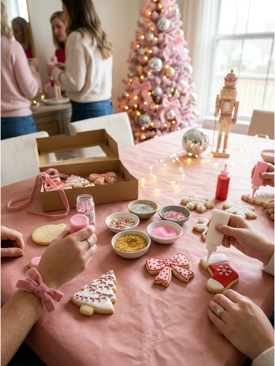A cookie decorating station with pink icing and festive sprinkles.