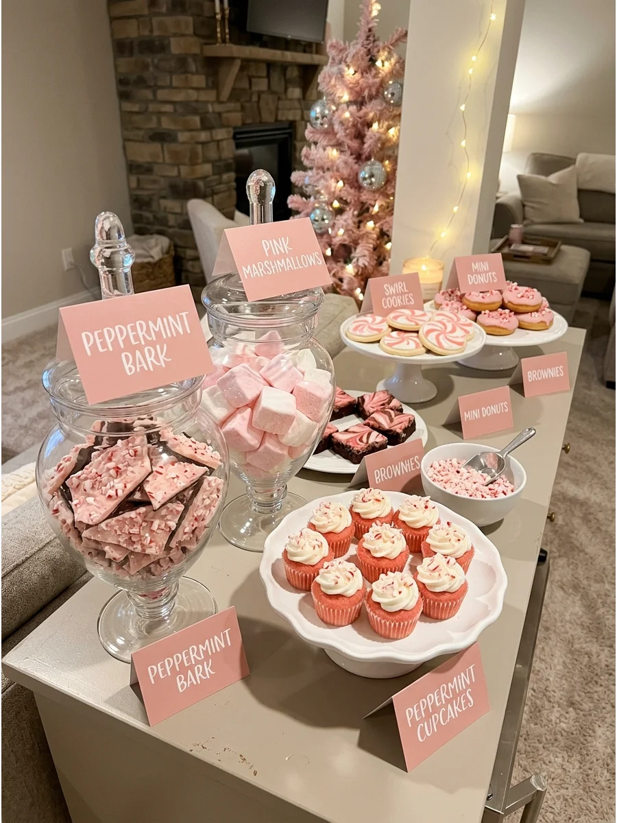 A dessert bar featuring pink peppermint treats in glass jars.