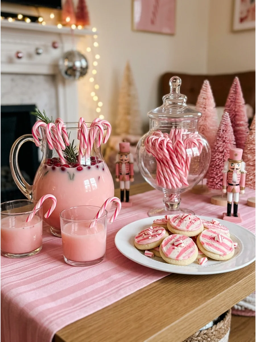 Pink and white candy canes in glass jars on a striped table runner.