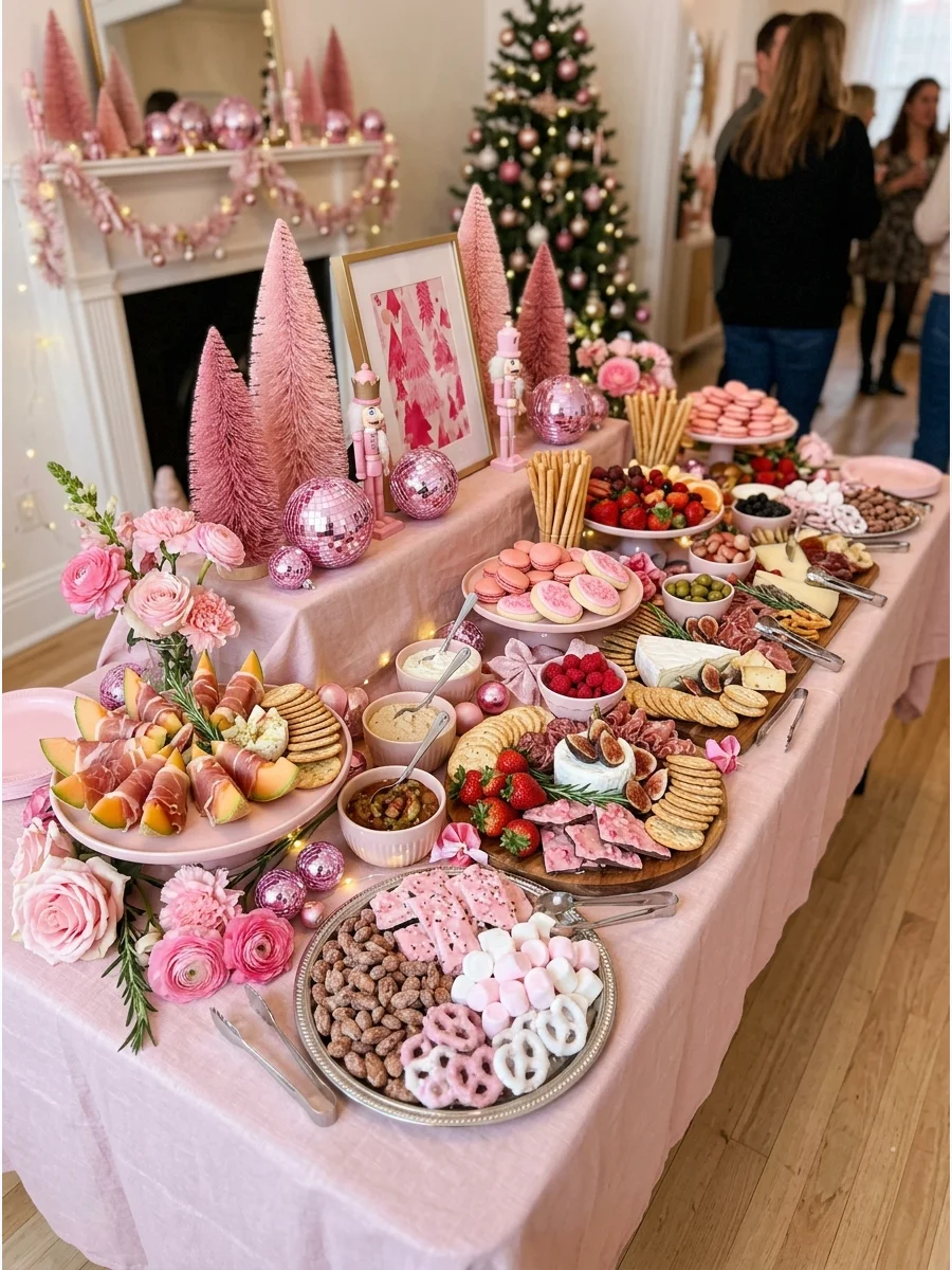 A large grazing table filled with pink-themed appetizers and decor.