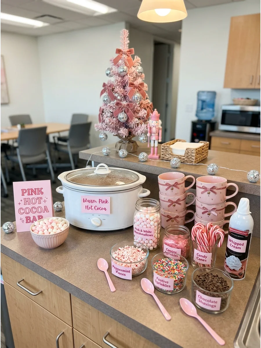 A hot cocoa bar with pink marshmallows and white chocolate cocoa in an office breakroom.