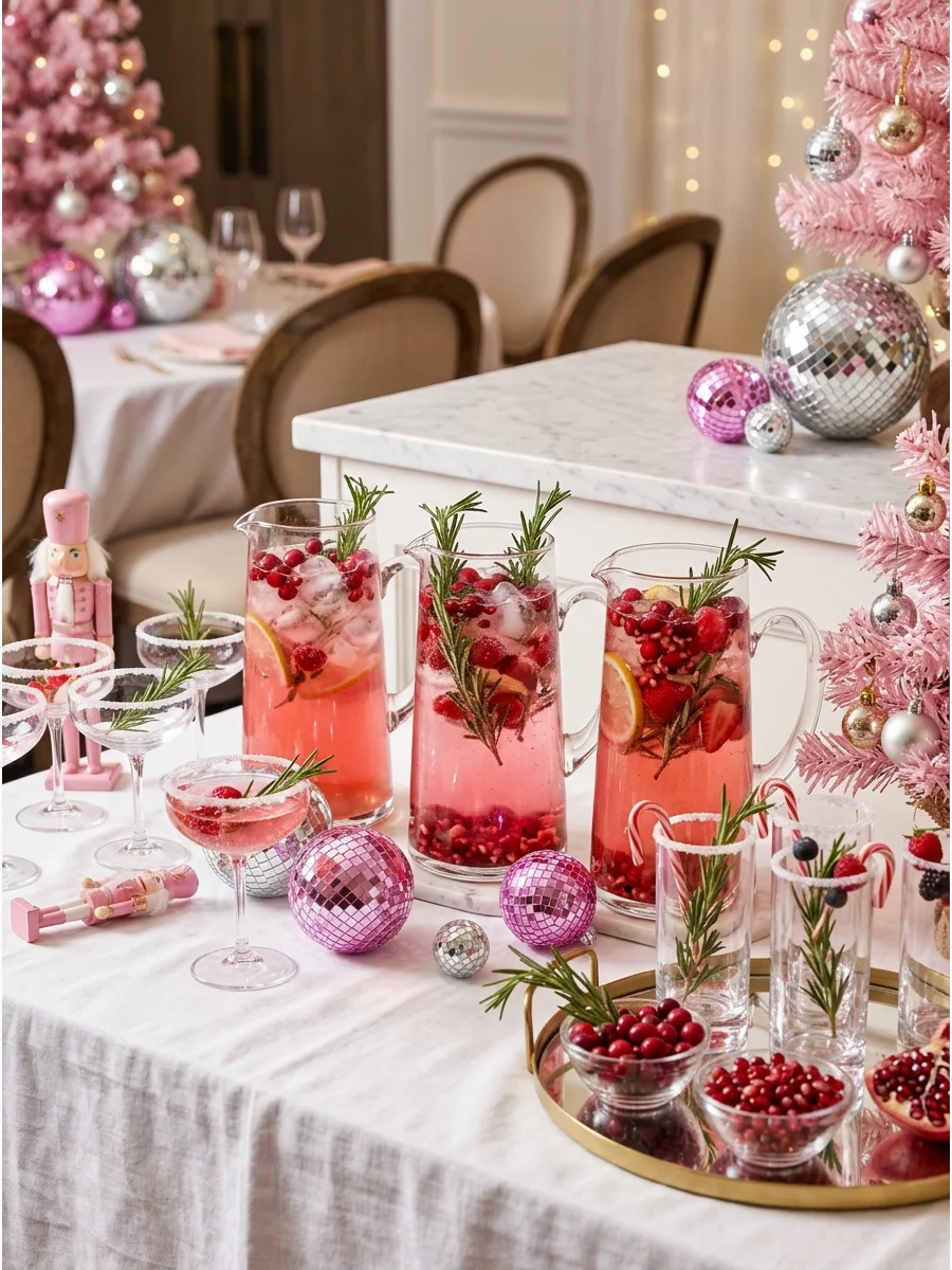 Glass pitchers of pink mocktails with rosemary garnishes on a restaurant table.