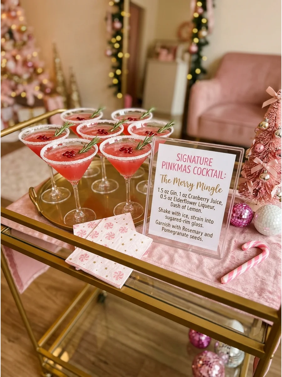 Pink cocktails with sugar rims on a gold bar cart in a boutique studio.