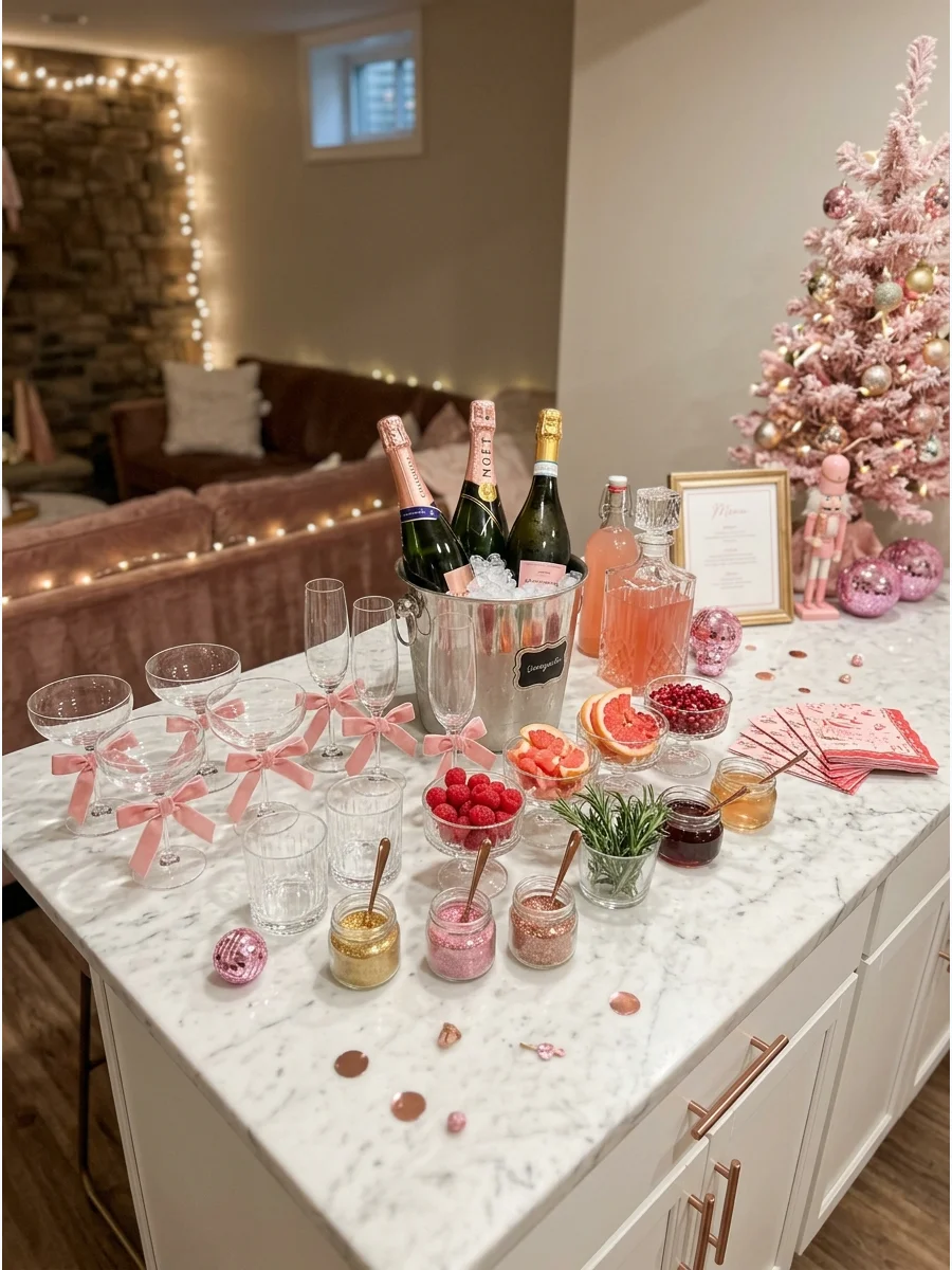 A sparkling drink station with raspberries and pink bows on glassware in a home lounge.
