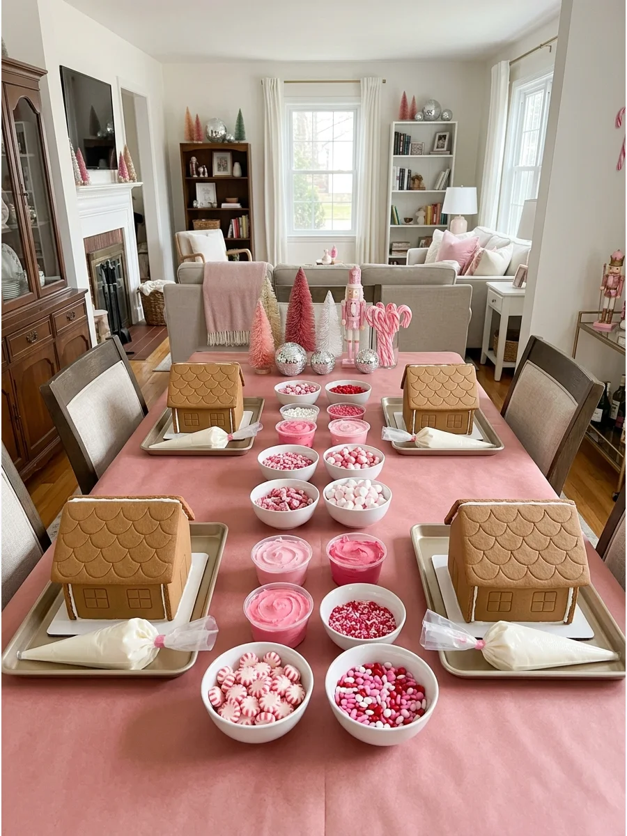 A dining table prepared for a gingerbread house decorating activity with pink candy.
