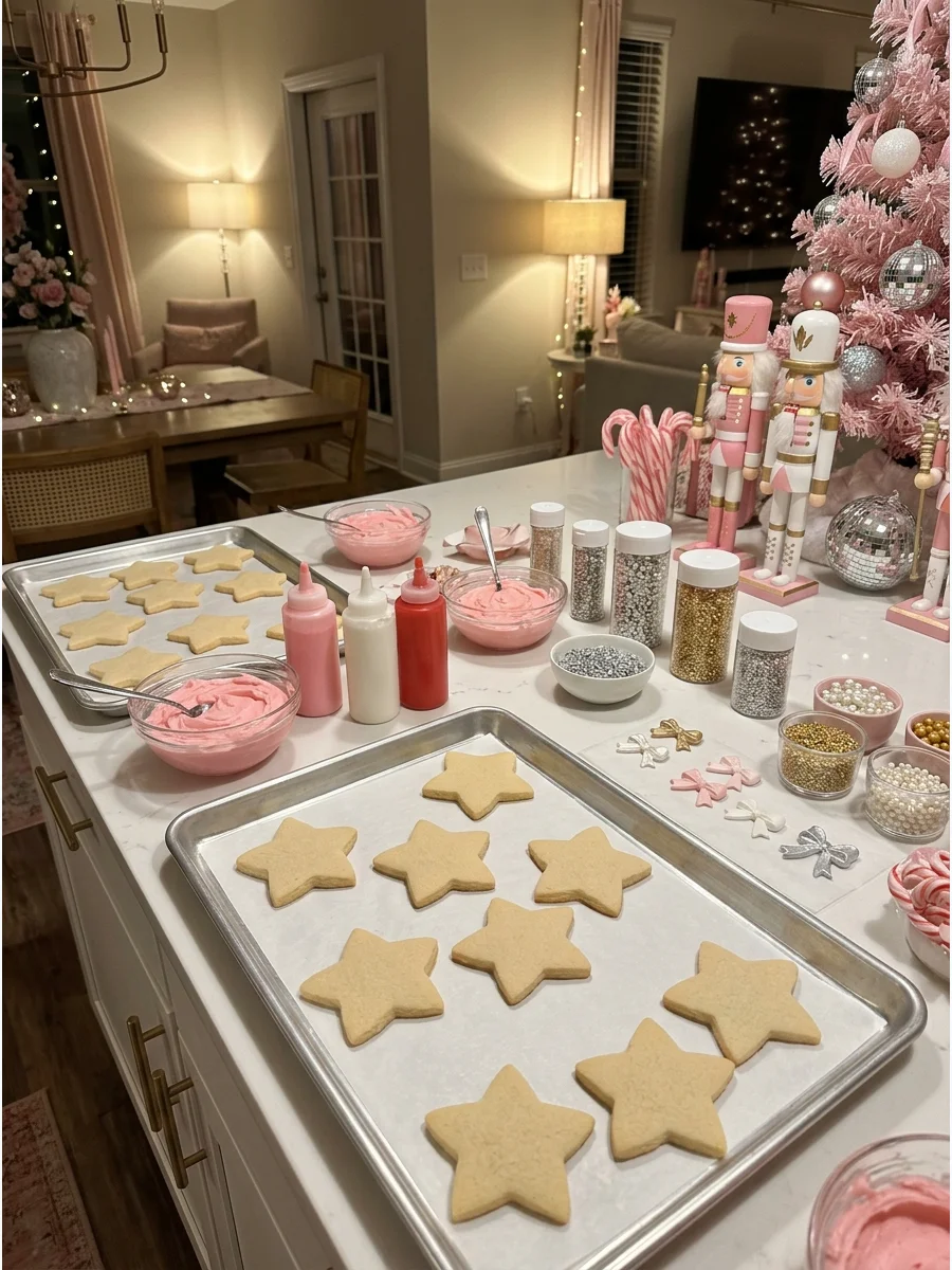 Star-shaped cookies and pink frosting on a kitchen island.