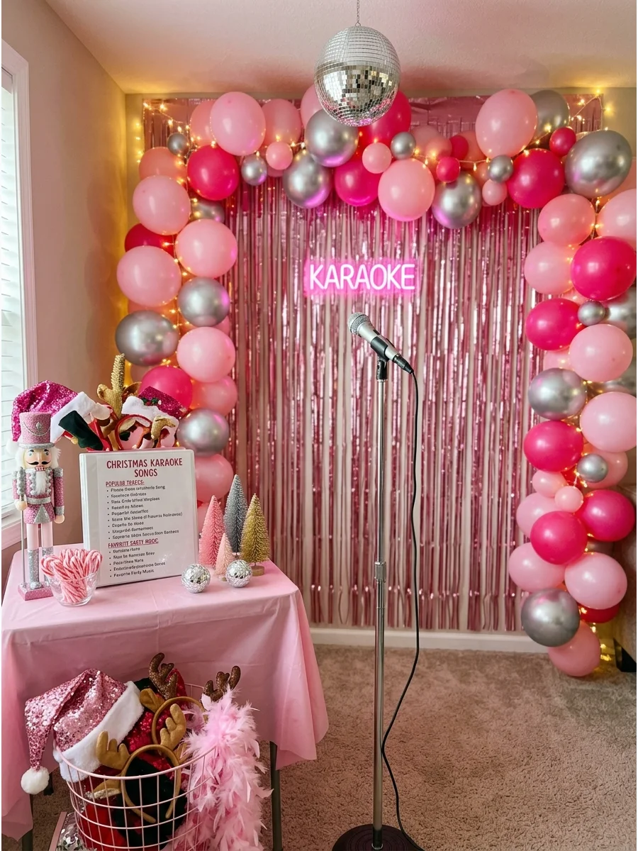 A karaoke setup with a pink tinsel backdrop in a home lounge.