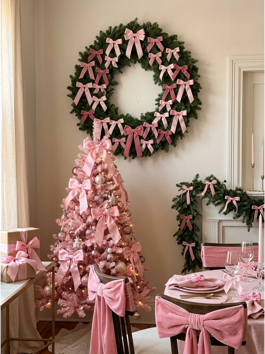 A green Christmas wreath decorated with many small pink satin bows.